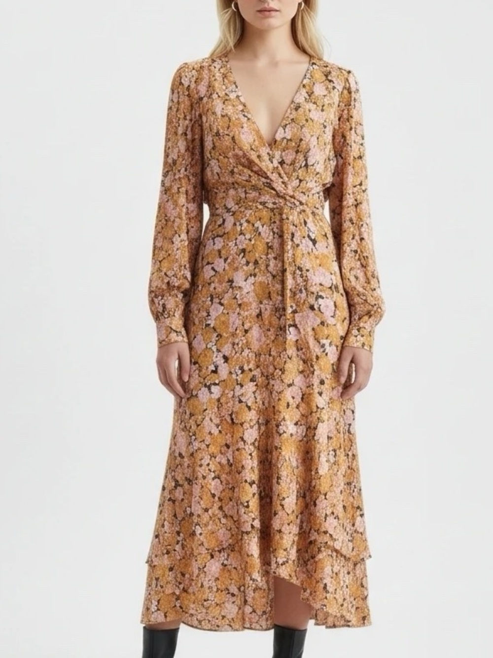 Wayf Long Sleeve Pink & Orange Floral Maxi Dress